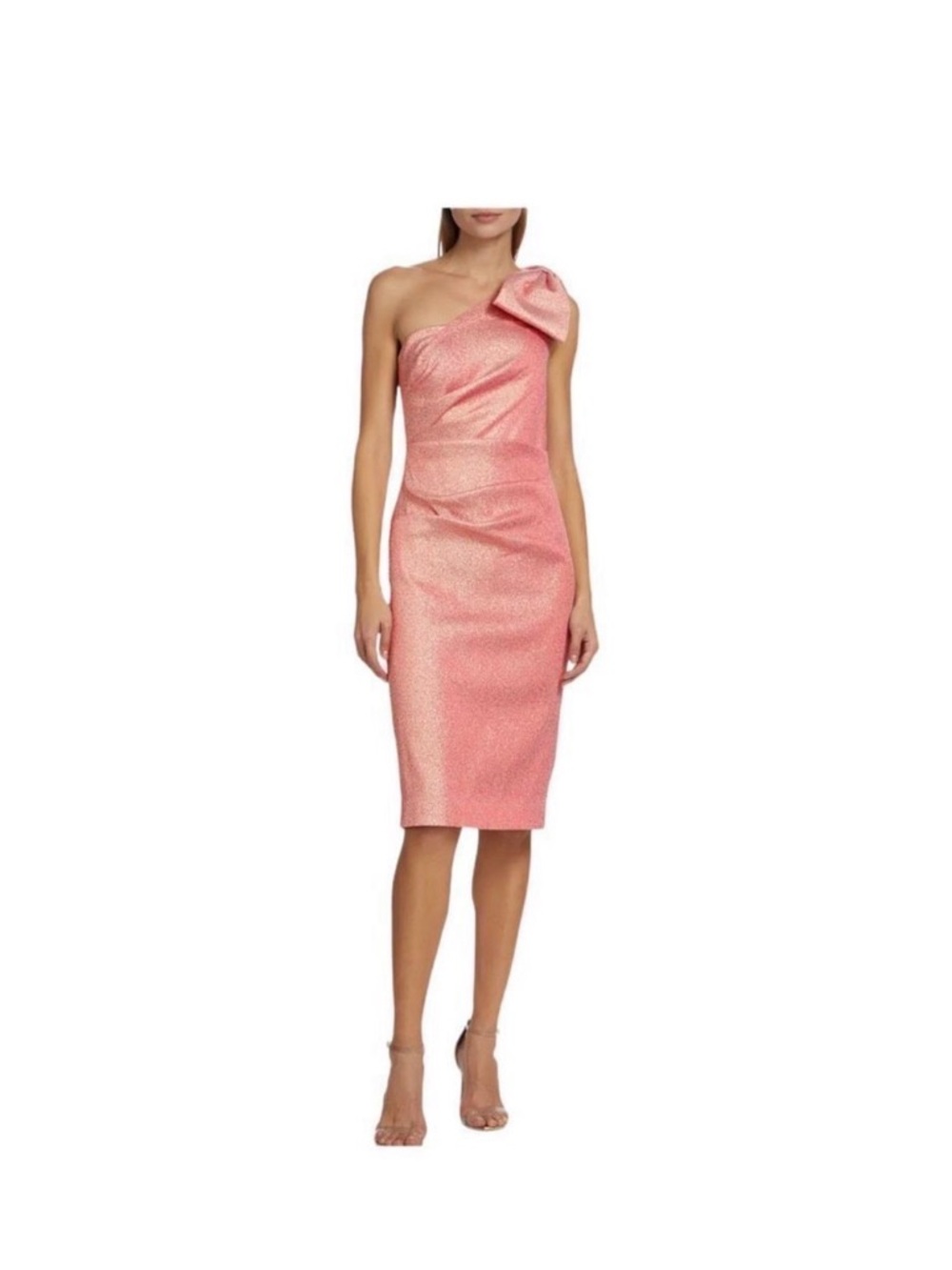 Teri Jon One-Shoulder Bow Detail Midi Dress in Coral Pink